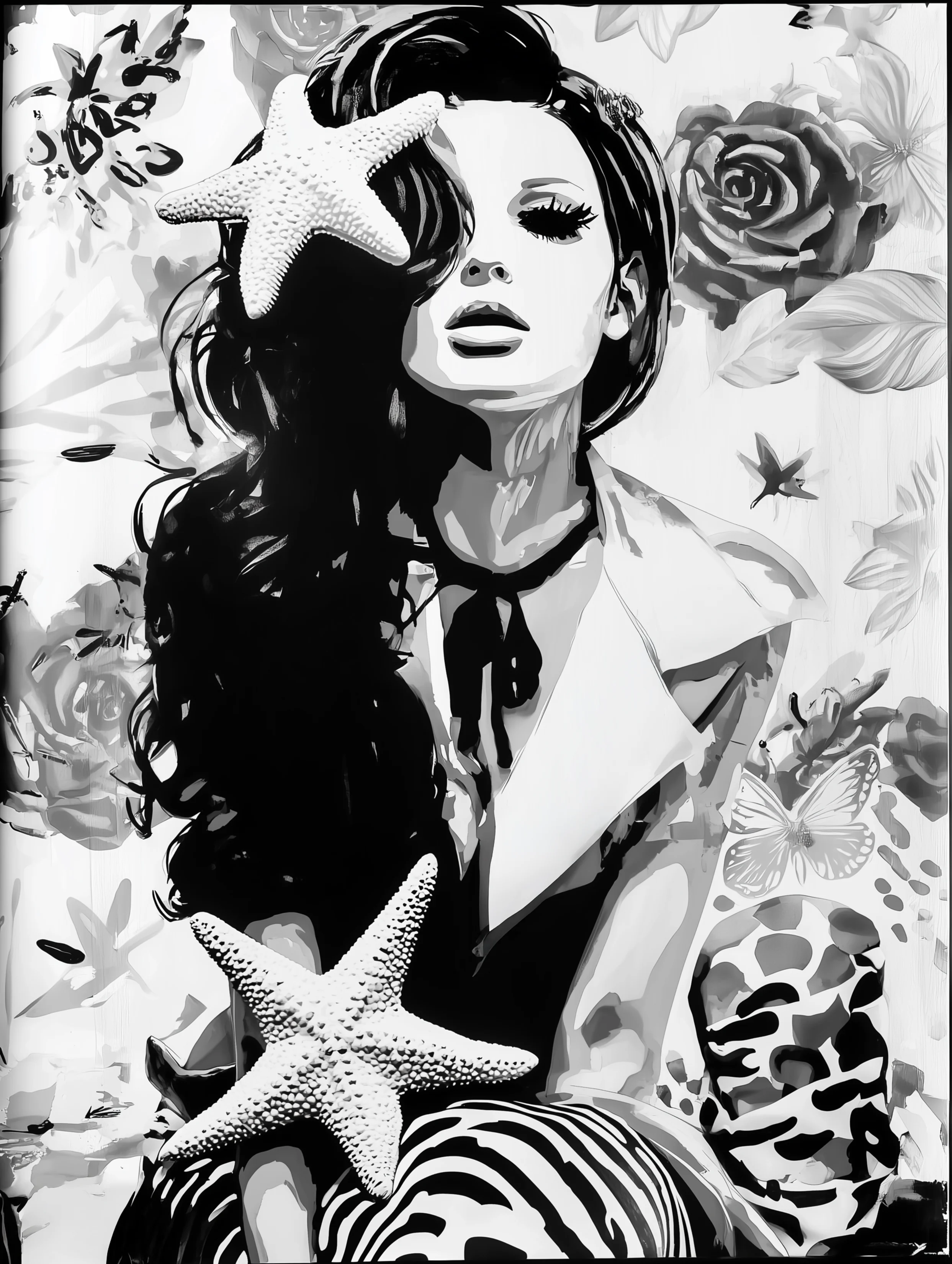 Free printable mermaid coloring page for adults featuring bunch of starfish mermaid